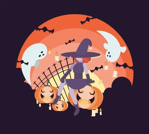 The witch sits on a pumpkin around which ghosts and bats fly. Stock Illustration