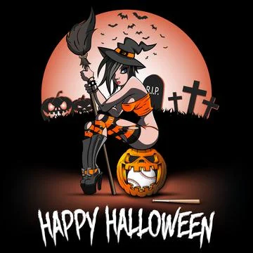 Witch sitting on a pumpkin with a baseball ball Illustrazione stock