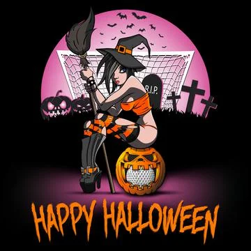 Witch sitting on a pumpkin with a golf ball Stock Illustration