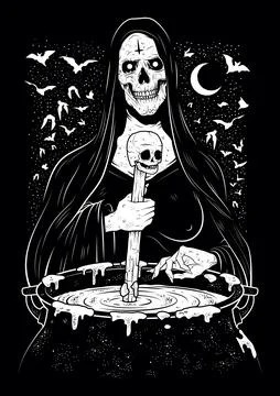 Witch with skull face Stirring a Cauldron, monochrome vector illustration. Stock Illustration