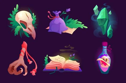 Witch spell book, magic crystal, skull and potion Stock Illustration