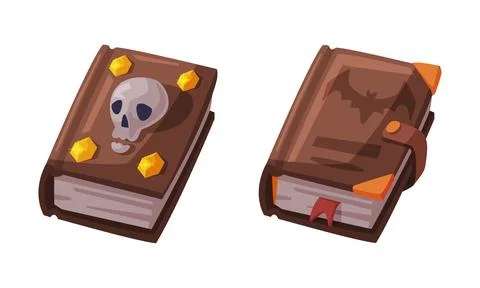 Witch spell books set. Witchcraft attributes, halloween objects cartoon vector Illustrazione stock