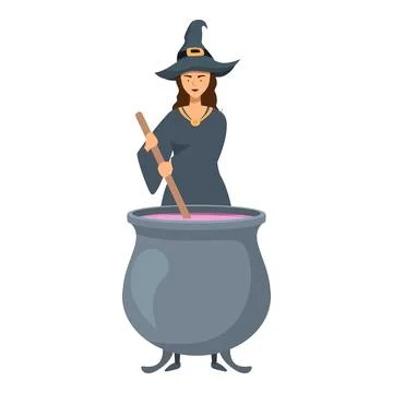 Witch is stirring a pink potion in a cauldron Stock Illustration