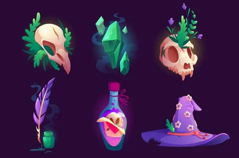 Witch stuff and magic items hat, bird and skulls 스톡 일러스트
