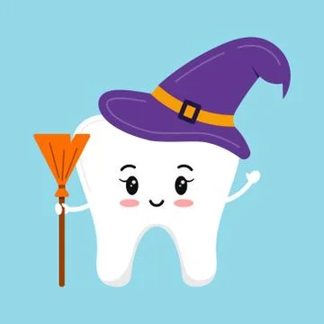 Witch tooth with purple magic hat and broom isolated vector icon. Stock Illustration