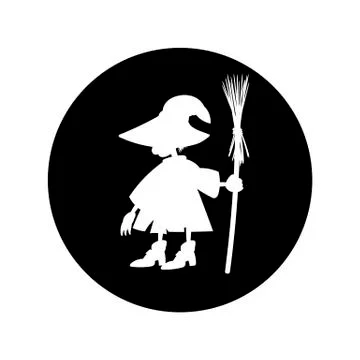 Witch - vector logo icon for web. white on black. Minimalistic cartoon style. Illustrazione stock