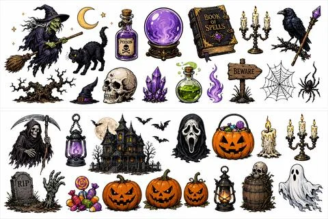 Witchcraft and Haunted Halloween Elements 스톡 일러스트