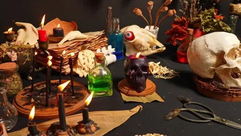 Witchcraft composition selective focus with candles lights, magic items too.. Stock Footage 314614034