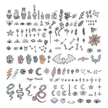 Witchcraft doodle set. Hand drawn collection halloween and magic elements. .. Illustrazione stock