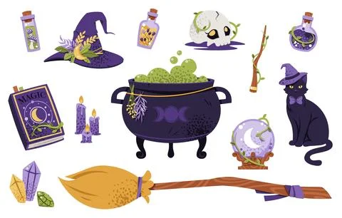 Witchcraft Magic Elements Flat Illustration Set. Cauldron, Hat, Spellbook Stock Illustration