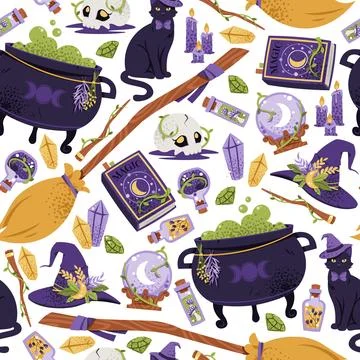 Witchcraft Magic Items Seamless Pattern with Cauldron, Hat, Broom, Black Cat Stock Illustration