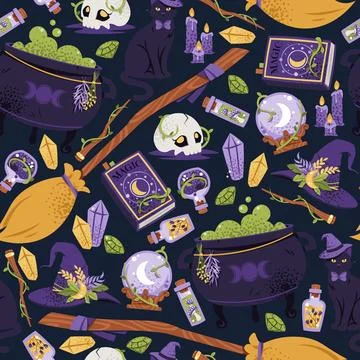 Witchcraft Magic Items Seamless Pattern with Cauldron, Hat, Broom, Black Cat Stock Illustration