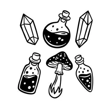 Witchcraft Magic Potion Bottles Crystals Mushroom Set Illustrazione stock
