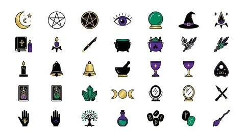 Witchcraft magic tools and occult symbol icons in gold purple and green out.. Illustrazione stock