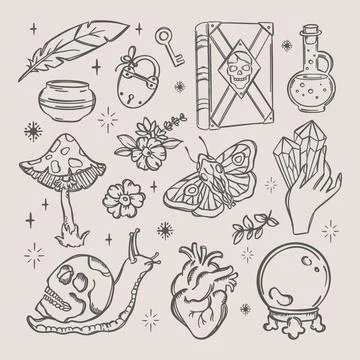 WITCHCRAFT OBJECTS Love Magic Symbol Doodle Element Sketch Stock Illustration