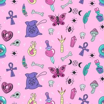 Witchcraft pattern. Cartoon seamless, magical background. Esoteric tarot symbols Stock Illustration