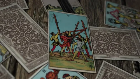 Witchcraft psychic reading mystic Five Of Wands card from the Tarot deck Stock Footage 278183312