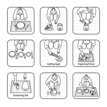 Witchcraft ritual preparation black and white line art illustration set, wo.. Stock Illustration