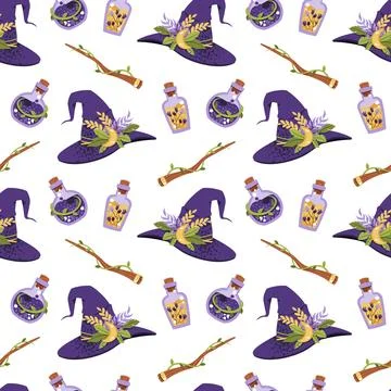 Witchcraft Seamless Pattern with Magic Hat, Wand and Potion Bottles. Occult Stock Illustration