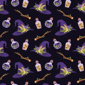 Witchcraft Seamless Pattern with Magic Hat, Wand and Potion Bottles. Occult Stock Illustration