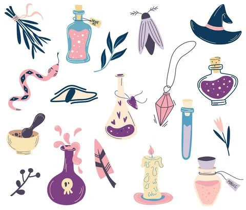 Witchcraft set. Bottles with potion, evil eye, crystal, snake, candle, moth.  Stock Illustration