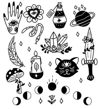 Witchcraft set. Cat, dagger, hand,planet, crescent, crystal, snake, potion. Stock Illustration