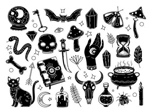 Witchcraft set. Drawn magic crystals, witch ball and black cat. Human skull Stock Illustration