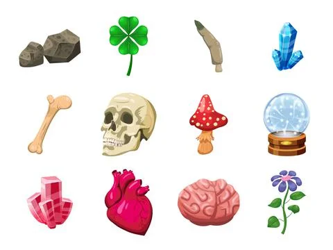 Witchcraft set magic object scull, heart, crystal, ball, eye, clover, mushroom Stock Illustration