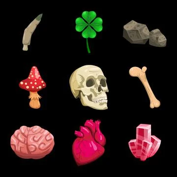 Witchcraft set magic object scull, heart, crystal, clover, mushroom, brain, bone Illustrazione stock