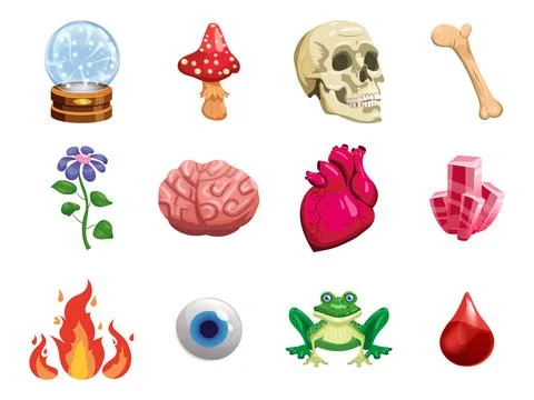Witchcraft set magic object scull, heart, crystal, ball, eye, clover, mushroom Illustrazione stock
