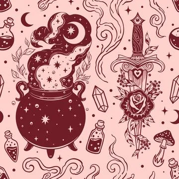Witchcraft Witch Cauldron and Dagger Seamless Pattern Stock Illustration