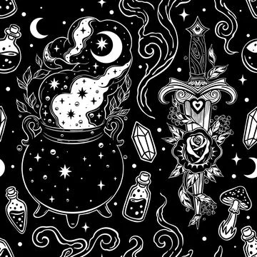 Witchcraft Witch Cauldron and Dagger Seamless Pattern イラスト素材
