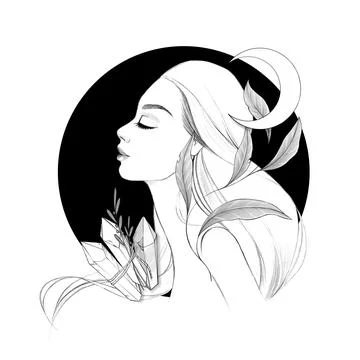 Witchcraft. Witch, magic crystal and moon. Black and white Stock-Illustration