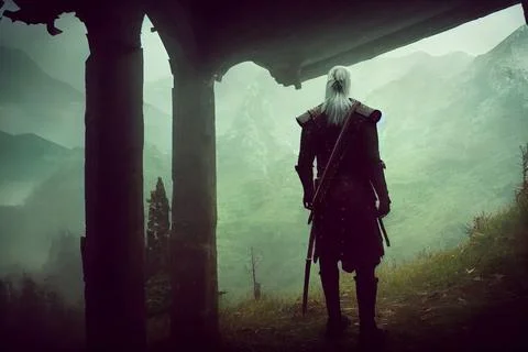 A witcher in a fantasy landscape Stock Illustration