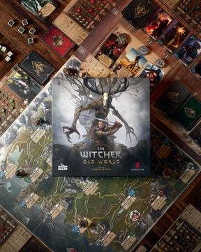 The Witcher Old World board game components close up featuring detailed Stock Photos