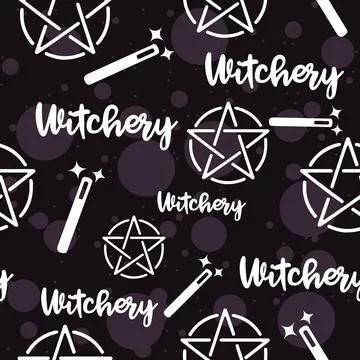 Witchery seamless pattern with magic wands and satanic pagan pentagram. Stock Illustration