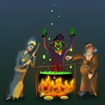 Witches brewing a potion in a cauldron Ilustração Stock