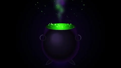 Witches cauldron with green bubbling potion on black background. Video stock 343292318