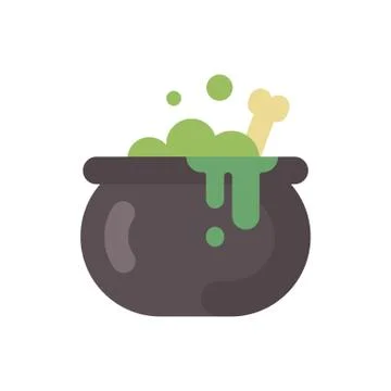 Witches cauldron with green potion and bone flat icon. Halloween flat illustr Illustrazione stock
