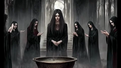 Witches Circle Around Enchanted Cauldron Stock Footage 282662750