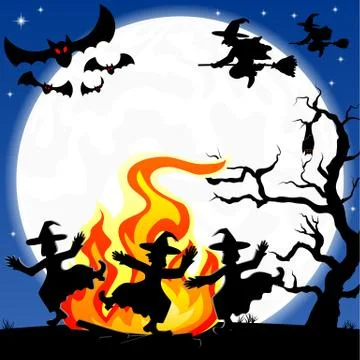 Witches dancing around fire at halloween Stock Illustration
