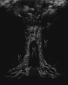 Witches guard the big tree, dark gloomy illustration, scary fantasy art Stock Illustration