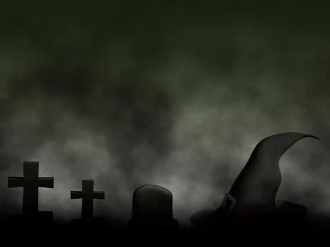 Witches hat in lonely graveyard with dark clouds background Stock Illustration