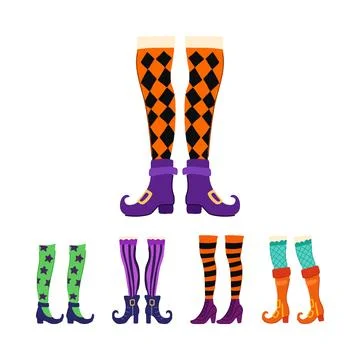 Witches legs wearing different patterned stockings and shoes Stock Illustration