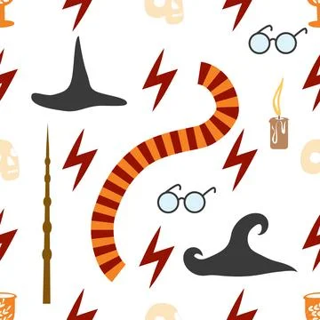 Witches school of magical objects seamless pattern in flat style 库存插图