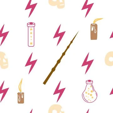 Witches school of magical objects seamless pattern in flat style Illustrazione stock