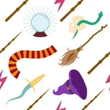 Witches school of magical objects seamless pattern in flat style Stock Illustration