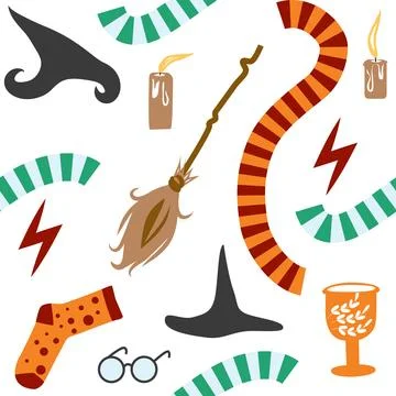 Witches school of magical objects seamless pattern in flat style イラスト素材