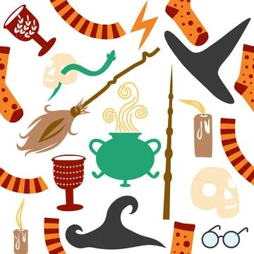 Witches school of magical objects seamless pattern in flat style Stock Illustration