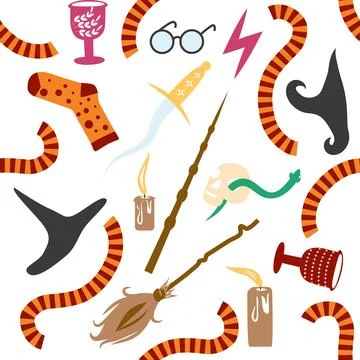 Witches school of magical objects seamless pattern in flat style Stock Illustration